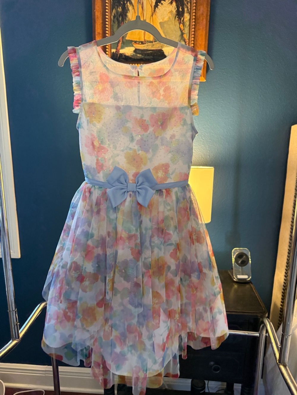 Jona Michelle Pastel Watercolor Floral Dress with Blue Bow